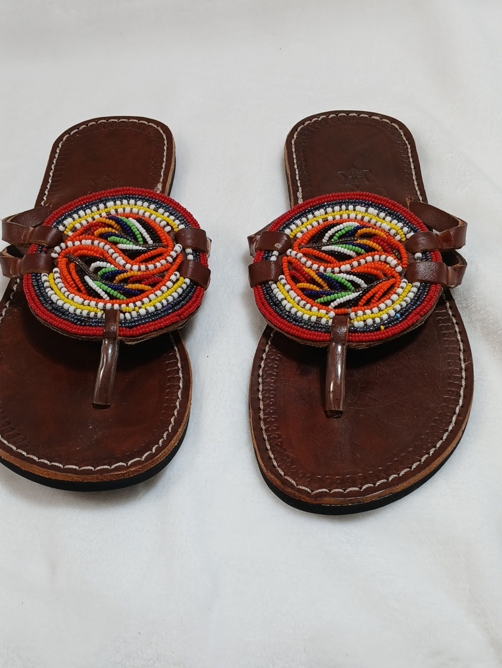 Beaded Leather Thong Sandals - Brown with Multicolor Beads Sz 40